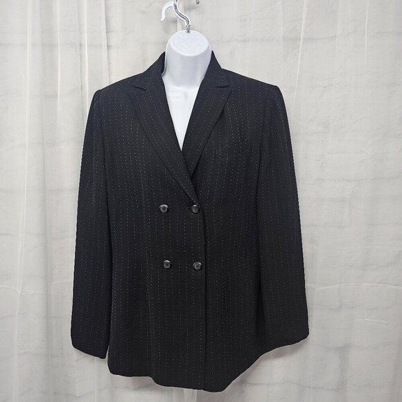 Vintage Larry Levine Black Blue Striped Double Breasted Blazer Office 10 - Picture 1 of 10